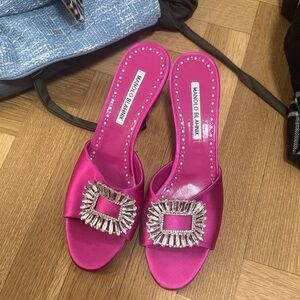 Manolo Blahnik Fuchsia Satin Heels with Embellished Buckle